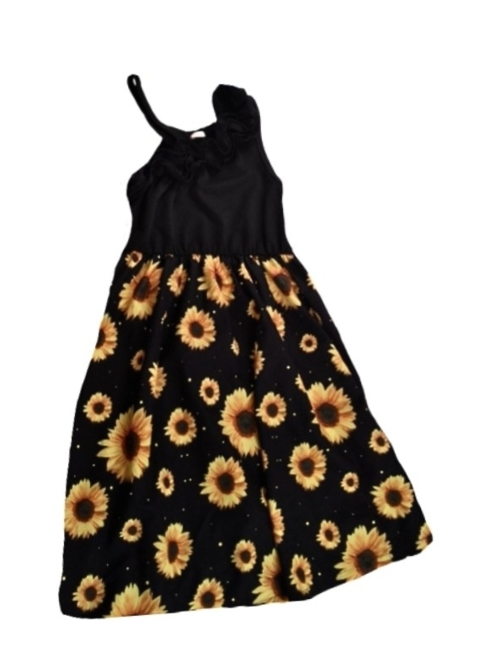 Black & Yellow Sunflower One-Shoulder Kids Dress Zize 6/7